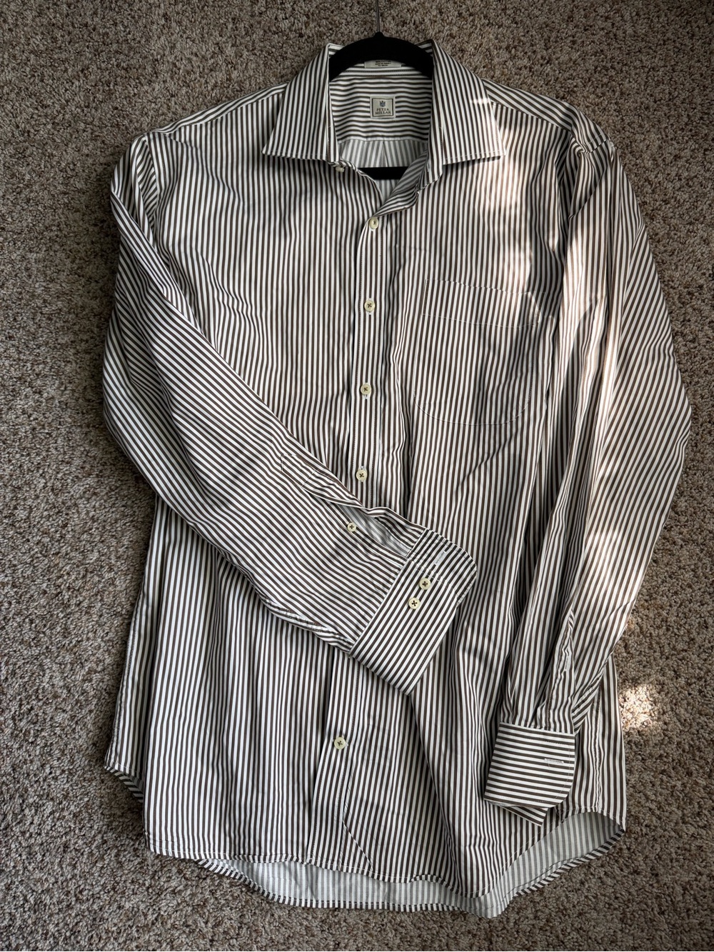 Peter Millar Brown and White Striped Dress Shirt